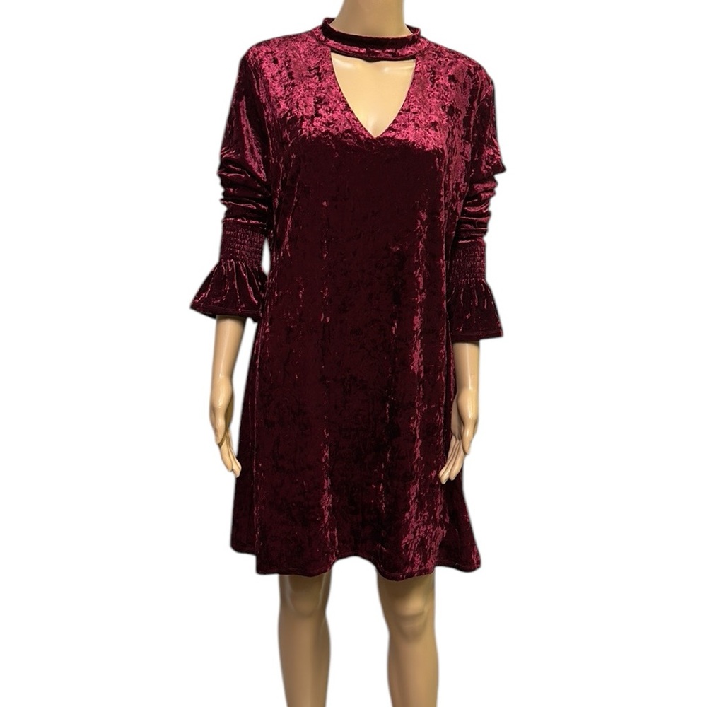 Marc Bouwer Unlimited Burgundy Crushed Velvet Bell Sleeve Keyhole Dress Womens M
